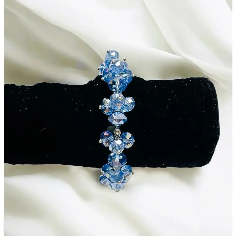 Vintage Ice Blue Cluster Crystal Glass Iridescent Beads & Silver Balls Bracelet